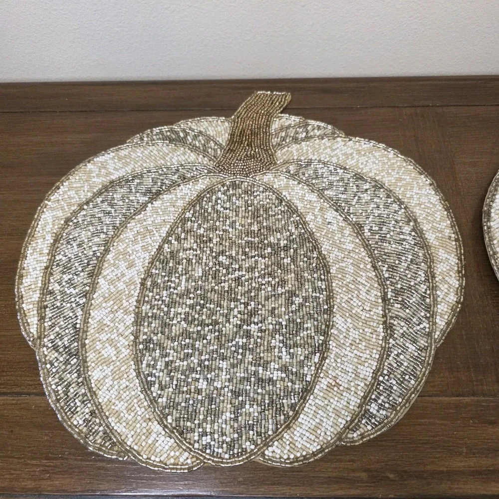 4 Bed Bath & Beyond Beaded Pumpkin Placemats Gold Ivory Fall Thanksgiving
